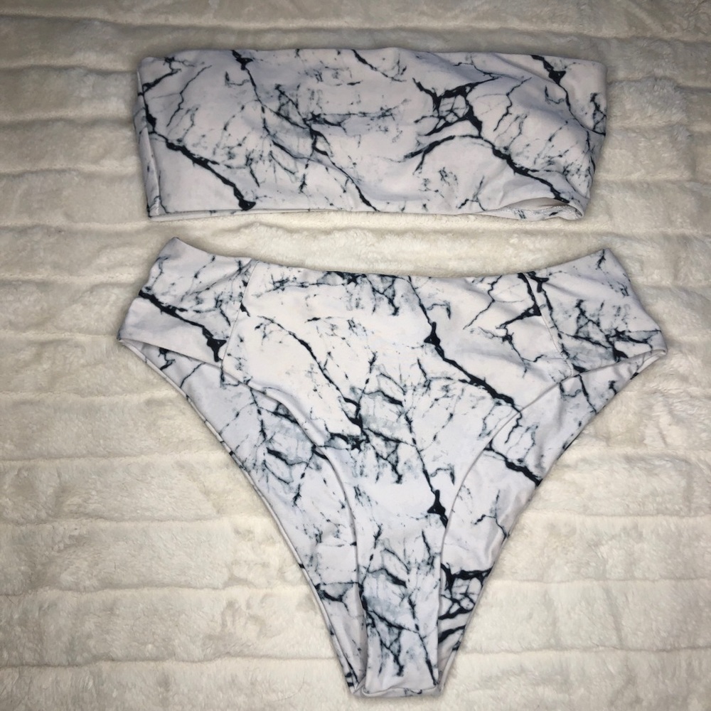 Marble Print High Waisted Bandeau Bikini Set